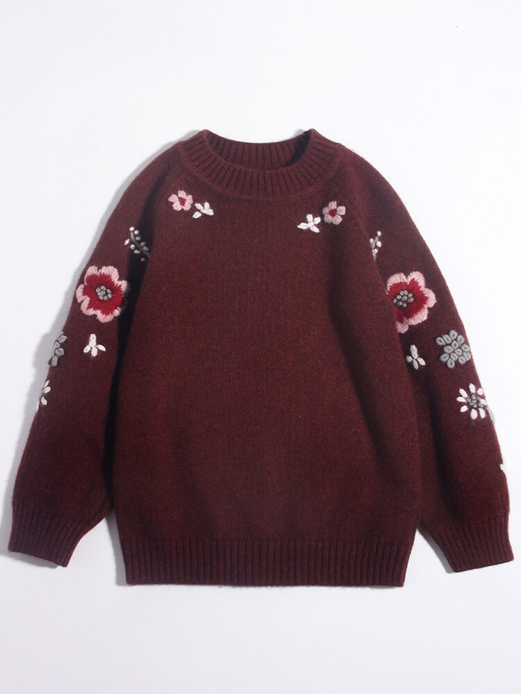 (image for) Kids Burgundy Floral Embroidered Cashmere Pullover Sweater